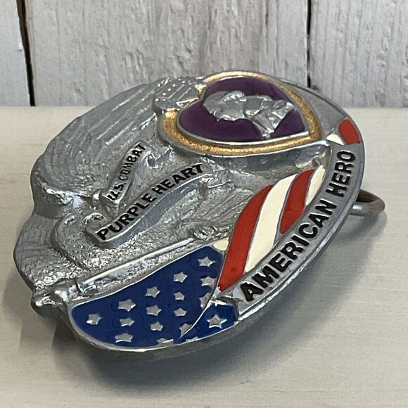 American Hero Belt Buckle 1996 Mens US Combat Purple Heart Dimensional Patriotic - Picture 5 of 6